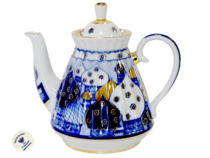Dzbanek porcelanowy Łomonosow, cerkwie kobaltowe złotem malowane 750 ml