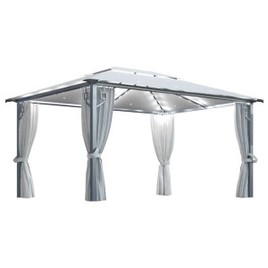 Altana z zasłonami i lampkami LED, 4x3 m, kremowa, aluminium
