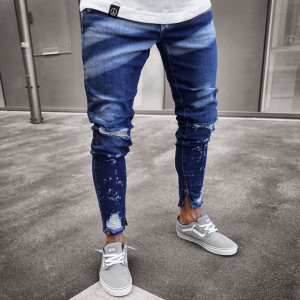 Spodnie jeansowe męskie z przetarciami slim fit M NIEBIESKI