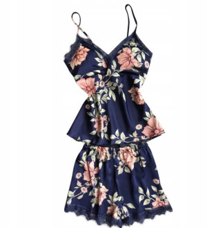 Piżama damska dwuczęściowa w kwiaty z PUSH UP XL GRANATOWY