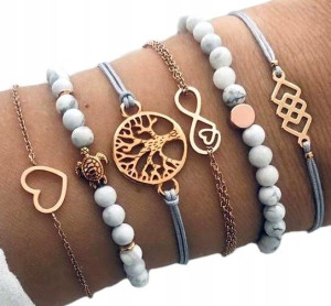 6 złotych bransoletek żółw tree infinity serce