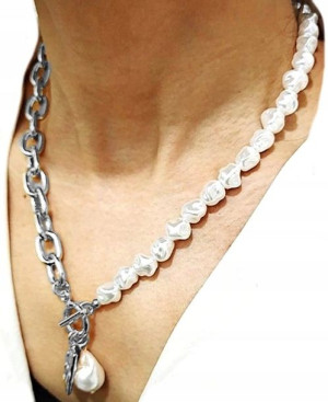 damski srebrny naszyjnik choker łańcuch z perłami