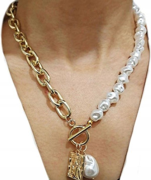 damski złoty naszyjnik choker łańcuch z perłami