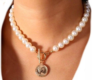 damski złoty naszyjnik choker łańcuch z perłami
