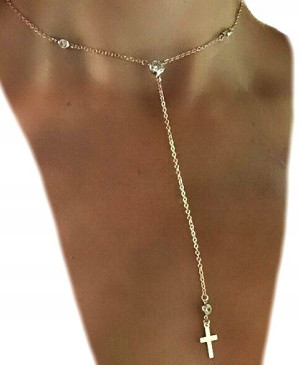 naszyjnik długi krzyż choker cyrkonie boho