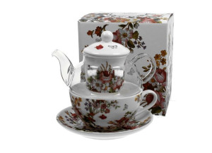 Filiżanka z dzbankiem szklanym / Tea for One VINTAGE FLOWERS WHITE DUO