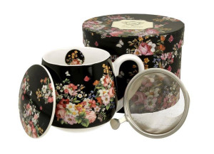 Kubek baryłka 430 ml z zaparzaczem VINTAGE FLOWERS BLACK DUO