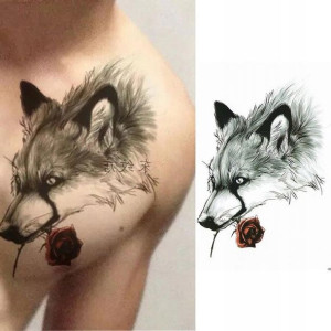 Tatuaż zmywalny wodny wilk z róża duży ołówek 21cm