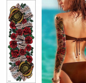Tatuaż tymczasowy rękaw róża zegar rose napisy ART