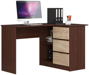 Biurko Narożne B16 124 Cm Prawe 3 Szuflady Wenge / Sonoma