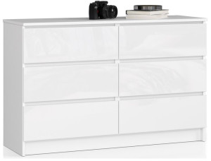 Komoda K 120 Cm 6 Szuflad Akryl Biała Wysoki Połysk