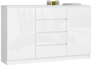 Komoda K 160 Cm 2 Drzwi 4 Szuflady Biała Wysoki Połysk