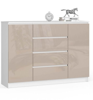 Komoda Do Salonu K 140 Cm 2 Drzwi 4 Szuflady - Biała-cappuccino Połysk