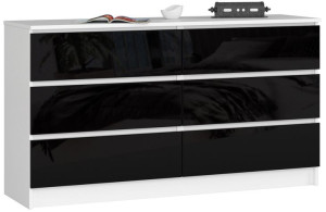 Komoda K 140 Cm 6 Szuflad Akryl Czarny Wysoki Połysk