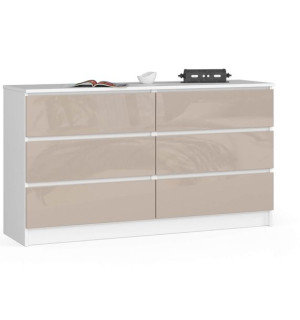 Komoda Do Salonu K 140 Cm 6 Szuflad - Biała-cappuccino Połysk