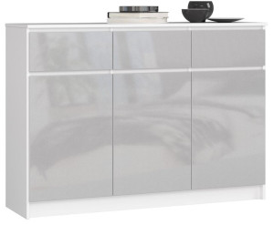 Komoda K 140 Cm 3 Drzwi 3 Szuflady Biała / Metalik Połysk