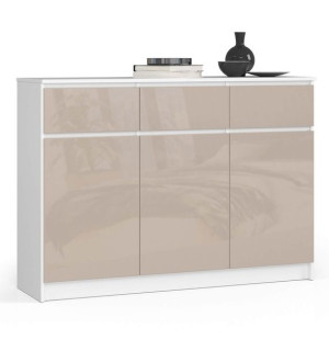 Komoda do salonu K 140 cm 3 drzwi 3 szuflady - biała-cappuccino połysk
