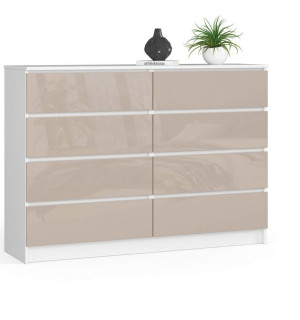 Komoda do salonu K 140 cm 8 szuflad - biała-cappuccino połysk