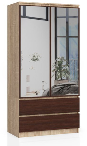 Szafa S 90 Cm 2 Drzwi 2 Szuflady 2 Lustra Sonoma / Wenge