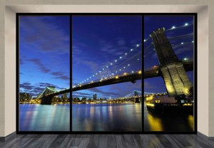 Brooklyn Bridge nocą window - fototapeta 366x254 cm