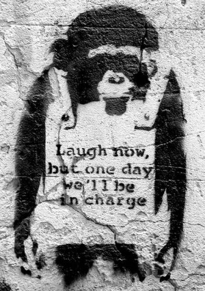 Banksy Monkey Laugh now, but one day we’ll be in charge - plakat 42x59,4 cm