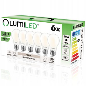 6x Żarówka Led E27 10w 75w 4000k Filament Lumiled