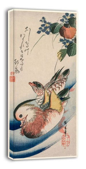 Mandarin Ducks and Flowering Plants, Hiroshige - obraz na płótnie 30x60 cm
