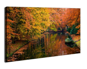 Jesiennie, jeziorko w lesie - obraz na płótnie 120x90 cm