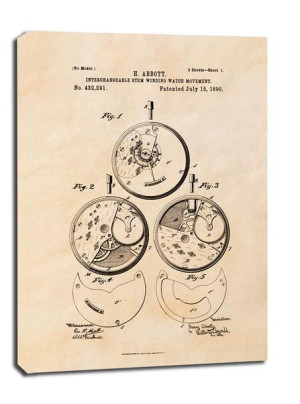 Patent Zegarek Nakręcany Projekt z 1890, sepia - obraz na płótnie 60x80 cm