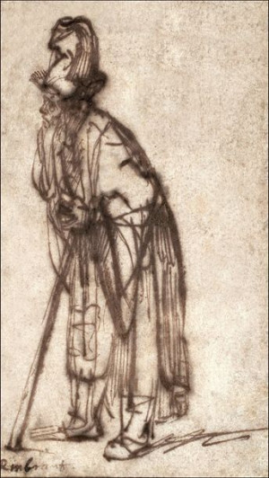 Old Man Leaning on a Stick, Rembrandt - plakat 21x29,7 cm