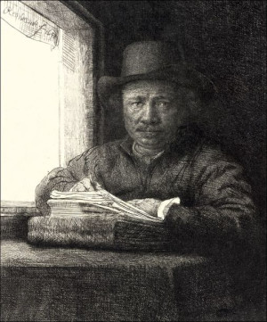 Self Portrait Drawing at a Window, Rembrandt - plakat 61x91,5 cm