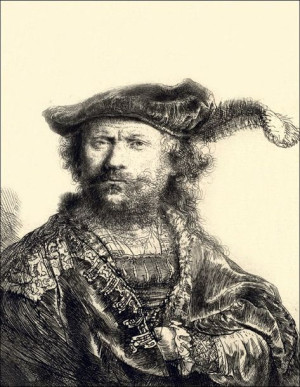 Self Portrait in a Velvet Cap with Plume, Rembrandt - plakat 60x80 cm