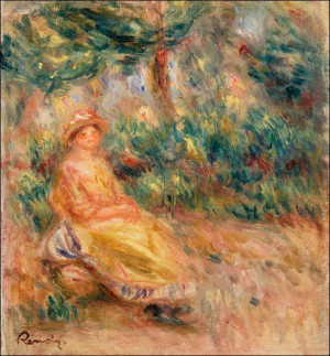 Woman in Pink and Yellow in a Landscape, Pierre-Auguste Renoir - plakat 50x