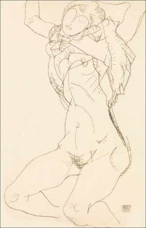 Woman undressing. Seminude with Arms Raised, Egon Schiele - plakat 29,7x42