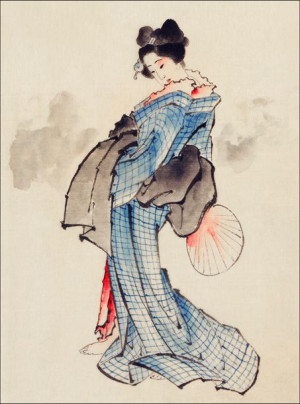 Woman, Full-Length Portrait, Standing, Facing Left, Holding Fan in Right Ha