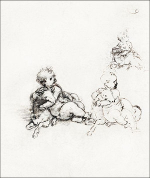 Studies for the Christ Child with a Lamb, Leonardo Da Vinci - plakat 20x30
