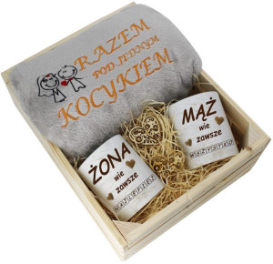Prezent Ślubny Zestaw Koc 160x200 + Kubki Żona Mąż