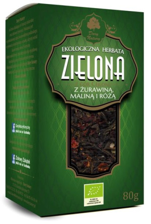 Herbata zielona z ŻURAWINĄ, MALINĄ I RÓŻĄ liściasta BIO 80 g Dary Natury