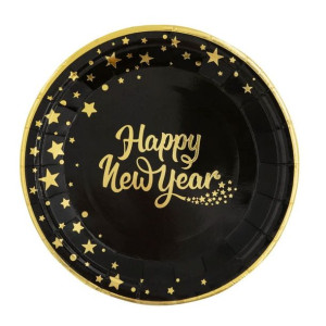 Talerzyki Happy New Year 6szt Czarno Złote 18cm