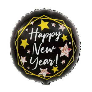 Balon 18" Happy New Year Czarny W Gwiazdki