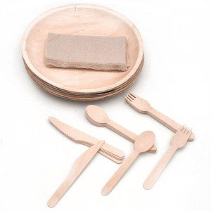 Talerze + sztućce NATURAL drewniane ekologiczne piknikowe 30 szt.