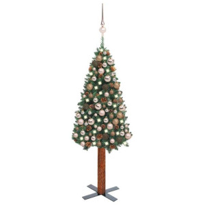 Lumarko Smukła choinka z lampkami LED i bombkami, zielona, 150 cm, PVC