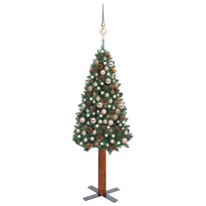Lumarko Smukła choinka z lampkami LED i bombkami, zielona, 210 cm, PVC