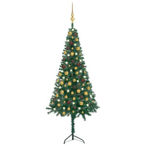 Lumarko Sztuczna choinka narożna z LED i bombkami, zielona, 150 cm, PVC