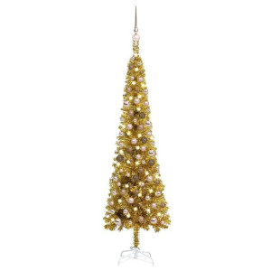 Lumarko Smukła choinka z lampkami LED i bombkami, złota, 150 cm