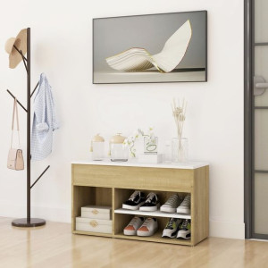 Lumarko Ławka z miejscem na buty, biel i dąb sonoma, 80x30x45 cm