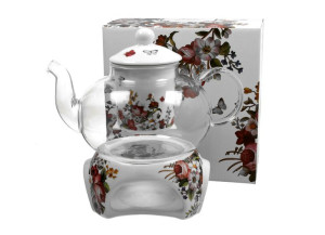 Szklany dzbanek 1000 ml z podgrzewaczem VINTAGE FLOWERS WHITE