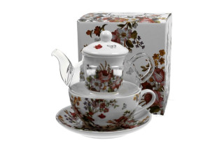 Tea for One szklany / Filiżanka z dzbankiem szklanym VINTAGE FLOWERS WHITE