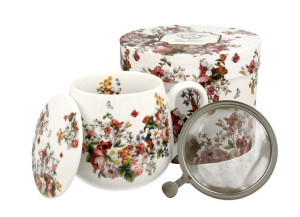 Kubek baryłka z zaparzaczem 430 ml VINTAGE FLOWERS WHITE