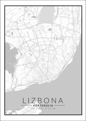 Lizbona mapa czarno biała - plakat 42x59,4 cm